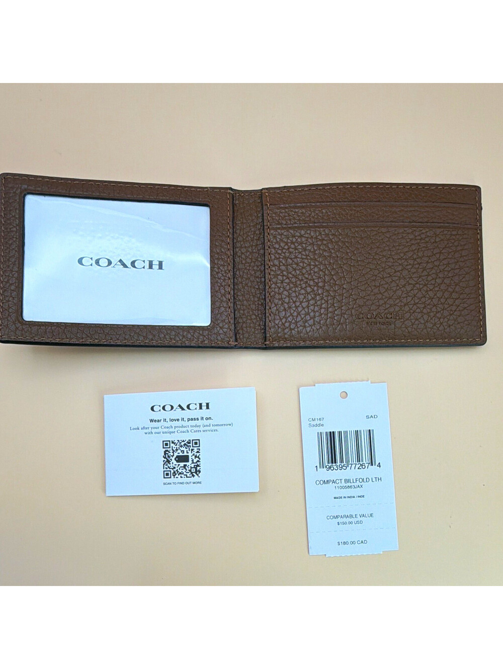 Coach Men's Compact Bifold Wallet Brown Solid Logo Credit Card Photo Holder
